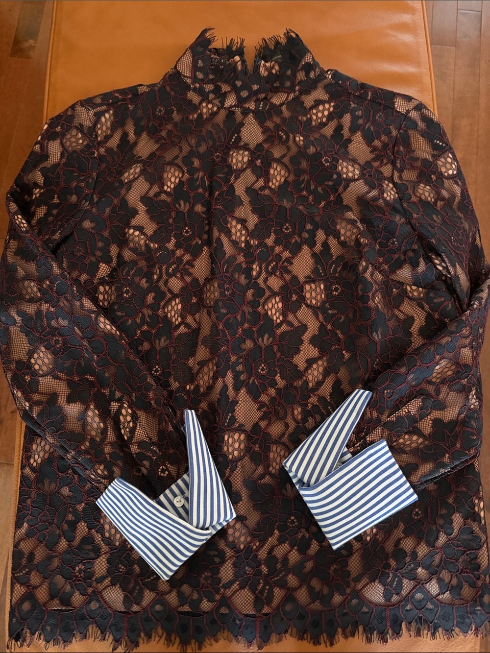 Scotch & soda Black Floral Lace Blouse with Striped Cuffs